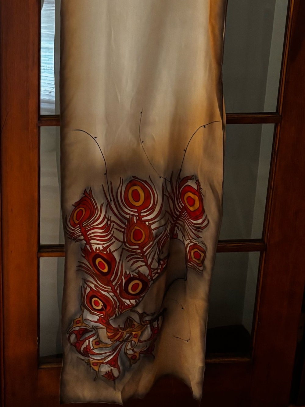 VTG hand painted Silk Scarf with Red & Gold Peacock Feather Motif